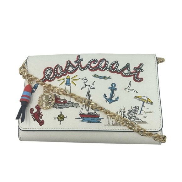 Tory Burch Embroidered East Coast Chain Clutch Crossbody Wallet White RARE - Picture 2 of 5